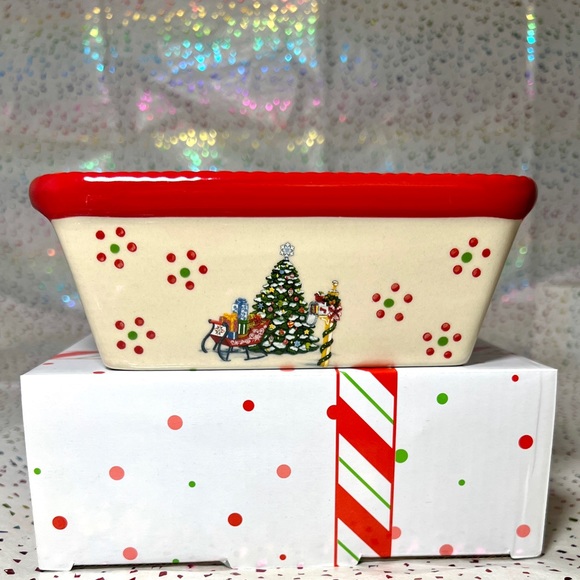 Temptations "Old World" Christmas  Tree Ceramic Loaf Baking Dish & Plastic Lid - Picture 4 of 6